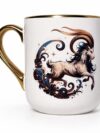 Elegancki kubek z motywem znaku zodiaku Koziorożec, złotym uchem i artystyczną grafiką. Idealny na prezent dla miłośników astrologii.